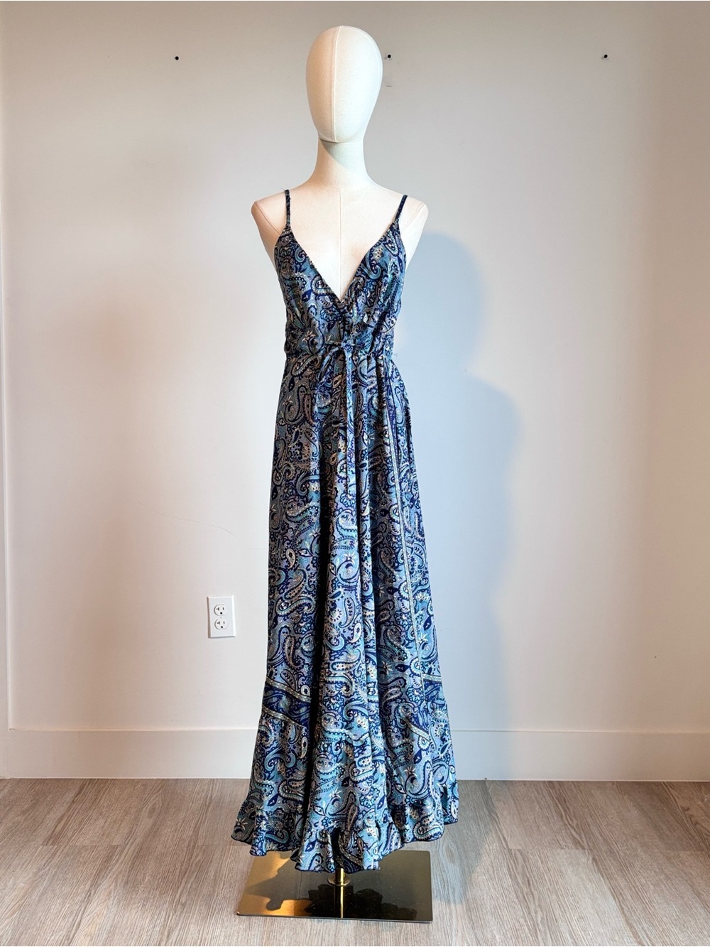 Sleeveless Blue Paisley Wrap Maxi Dress with Tie Waist